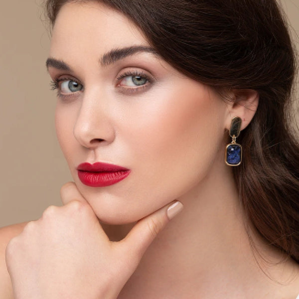 Clip Earring Double Rectangle Metal and Sodalite