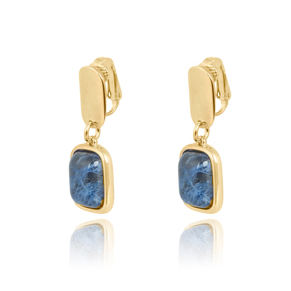 Clip Earring Double Rectangle Metal and Sodalite