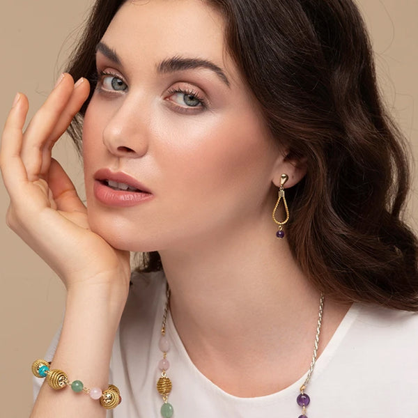 Golden Grass Drop and Amethyst Stone Earrings