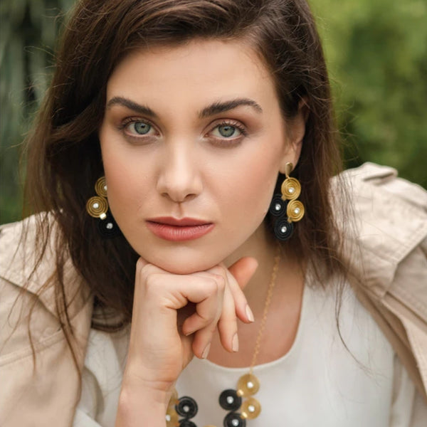 Golden Grass Earrings Infinite Mandalas and Black Cotton