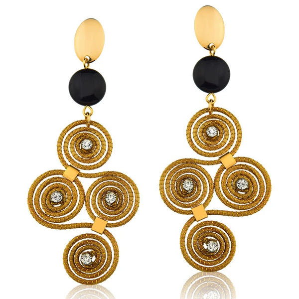 Golden Grass Earrings Infinite Mandalas and Black Jasper Stone