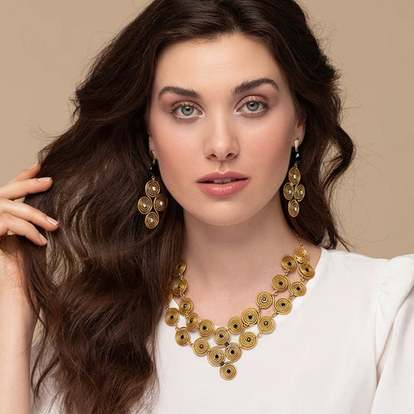 Golden Grass Earrings Infinite Mandalas and Black Jasper Stone