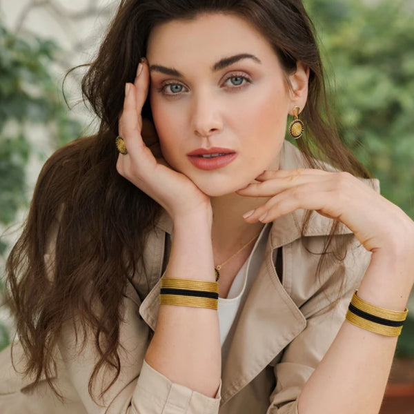 Golden Grass Mandala Earrings Studded with Black zirconias