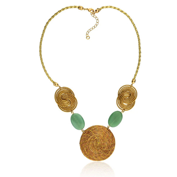 Golden Grass Necklace Mandala Spirals and Venturine Stone