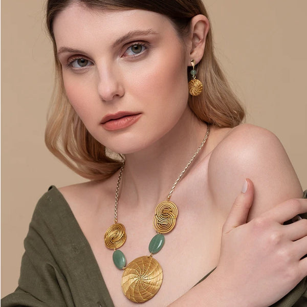 Golden Grass Necklace Mandala Spirals and Venturine Stone