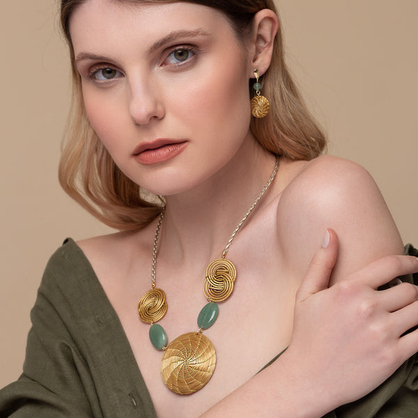 Golden Grass and Aventurine Mandala Earrings