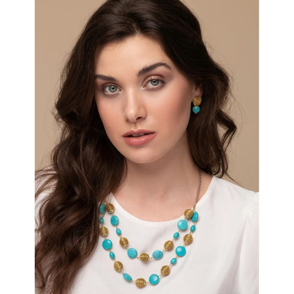 Golden Grass and Turquoise Howlite spheres Necklace
