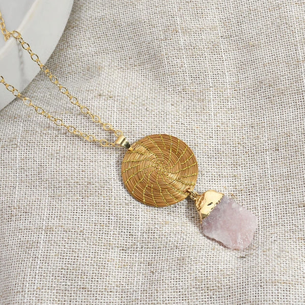Golden Grass mandala necklace and Rose Quartz stone pendant