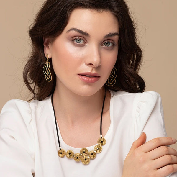 Golden Grass necklace 8 mandalas with black zirconias