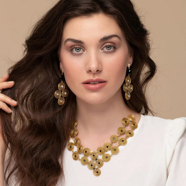 Necklace Mandalas Studded with Black zirconias of Golden Grass