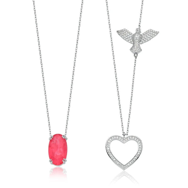 Scapular necklace two in a Red Fusion Stone drop, heart and dove