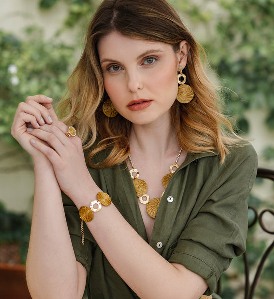Golden Grass Mandala and Metal Hoop Earrings