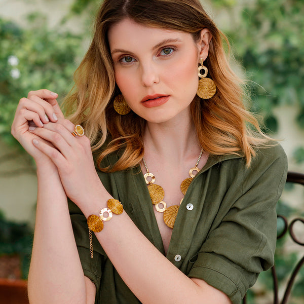 Circle Metal Circular Gold Grass Mandala Necklace and Ecological Leather