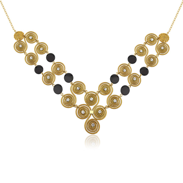 Maxi Necklace Golden Grass with Mandalas and Black Onyx Stone