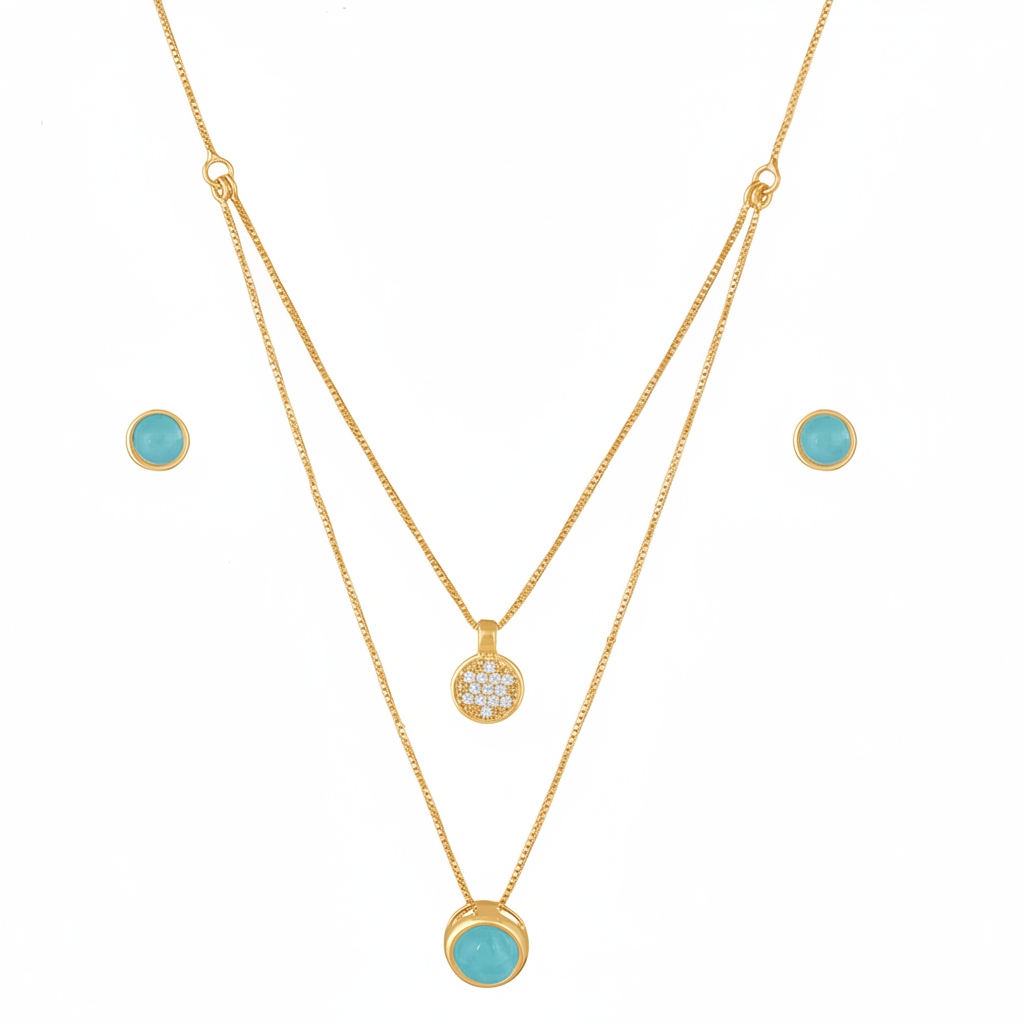 Drop earrings and double necklace set Sky Blue Agate and Zirconias