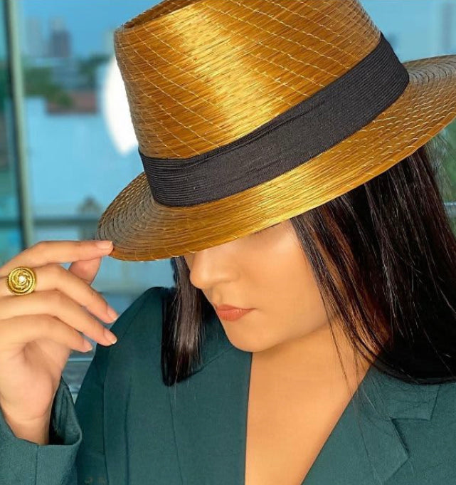 Golden Grass Hat with black ribbon