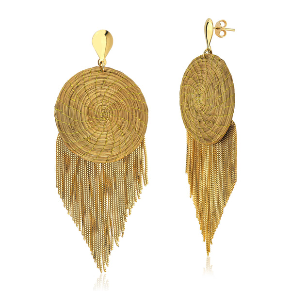 Golden Grass Mandala and Fringe Earrings (Large)