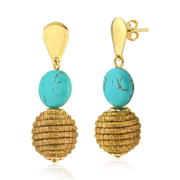 Golden Grass Sphere and Turquoise Howlite Stone Earrings