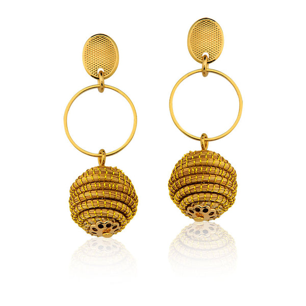 Pendant Earrings with Golden Grass Sphere and Hoop