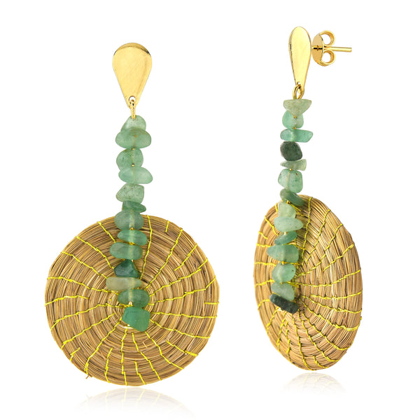 Pendant Earrings with Golden Grass and Aventurine Stones