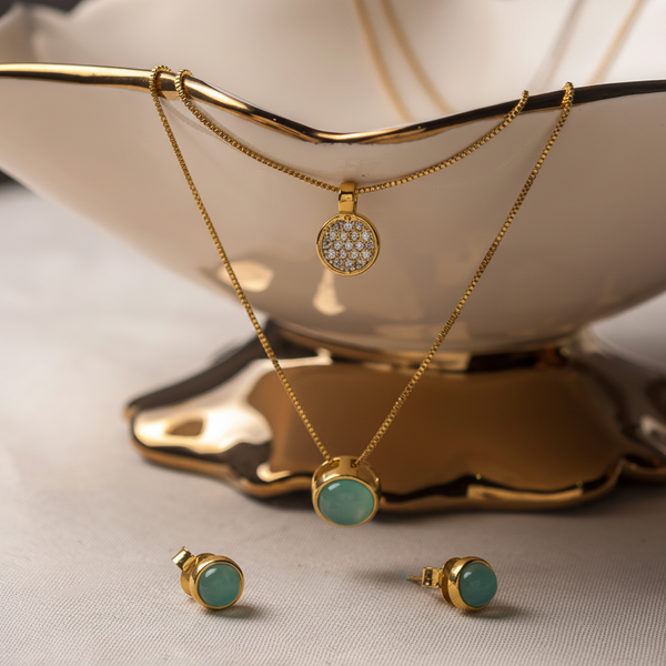 Drop earrings and double necklace set Sky Blue Agate and Zirconias
