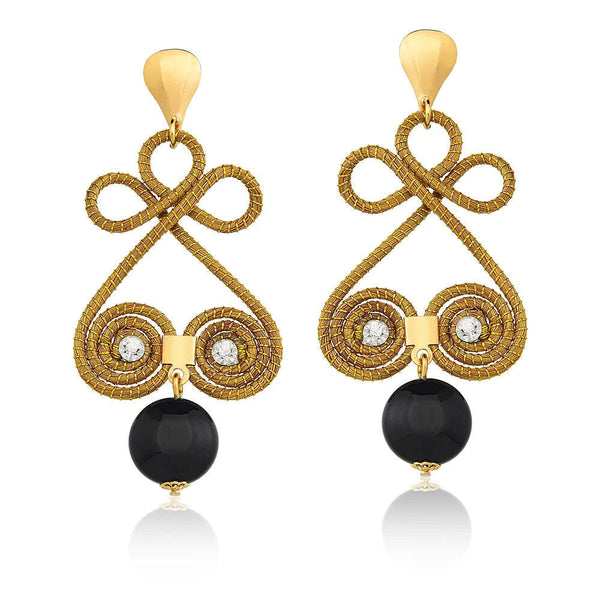 Golden Grass Arabesque Earrings with Zirconia and Onyx Stone