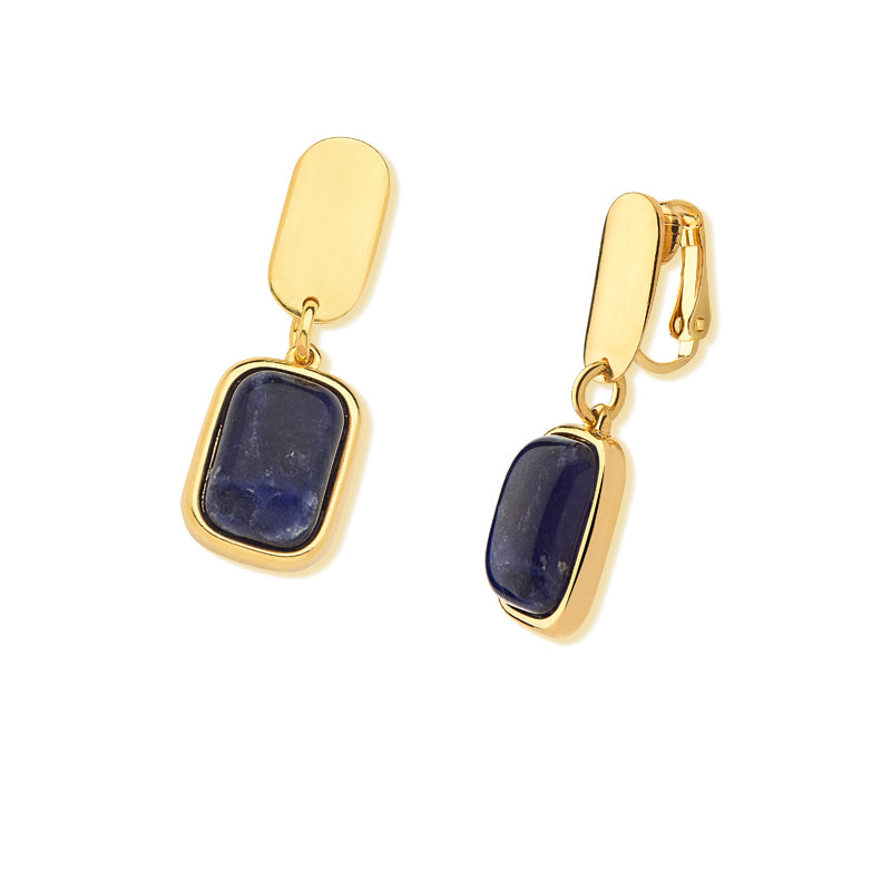 Clip Earring Double Rectangle Metal and Sodalite