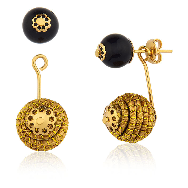 Earrings 2 in 1 Golden Grass Globe with Black Jasper