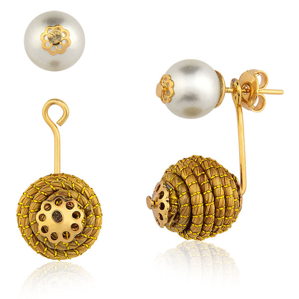 Earrings 2 in 1 Golden Grass Globe with Shell Pearl