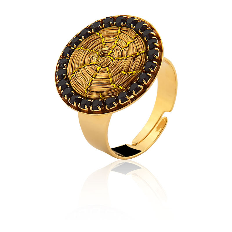 Gold-plated ring with Golden Grass mandala and black zirconias