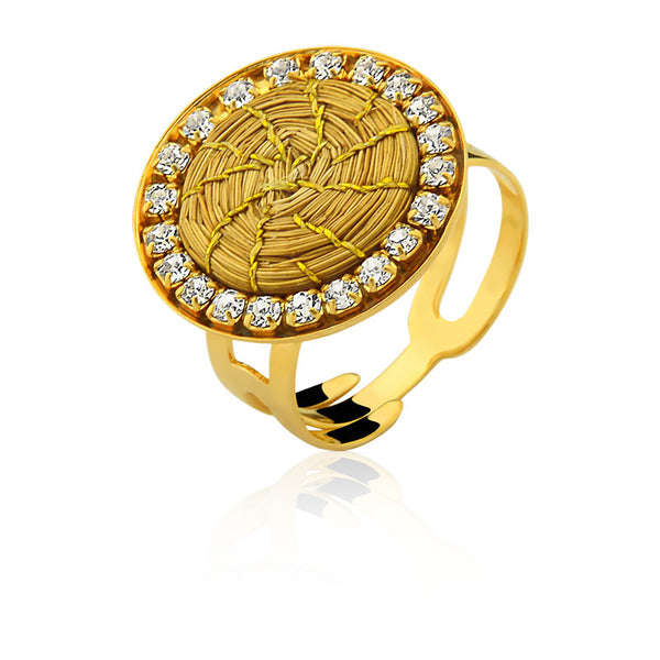Gold-plated Ring with Golden Grass Mandala and Crystal Zirconias