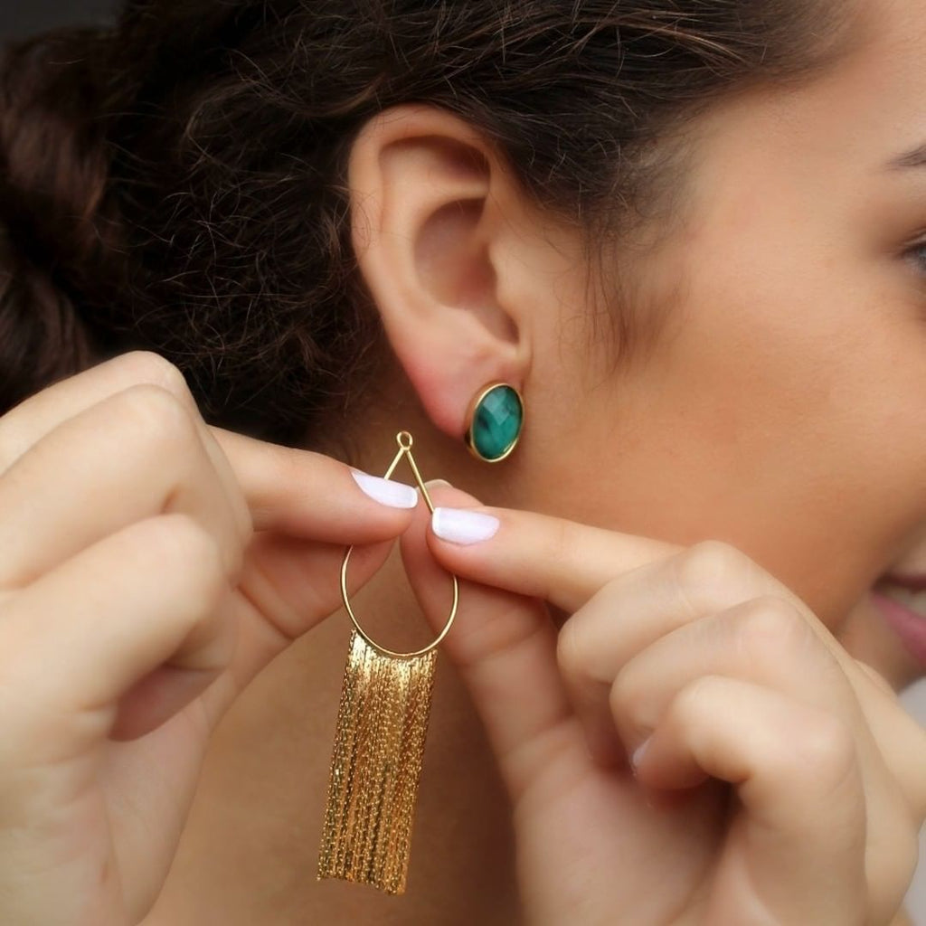 Emerald Stone Earring with Removable Fringe