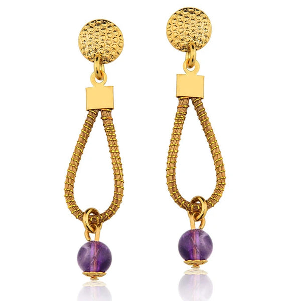 Golden Grass Drop and Amethyst Stone Earrings