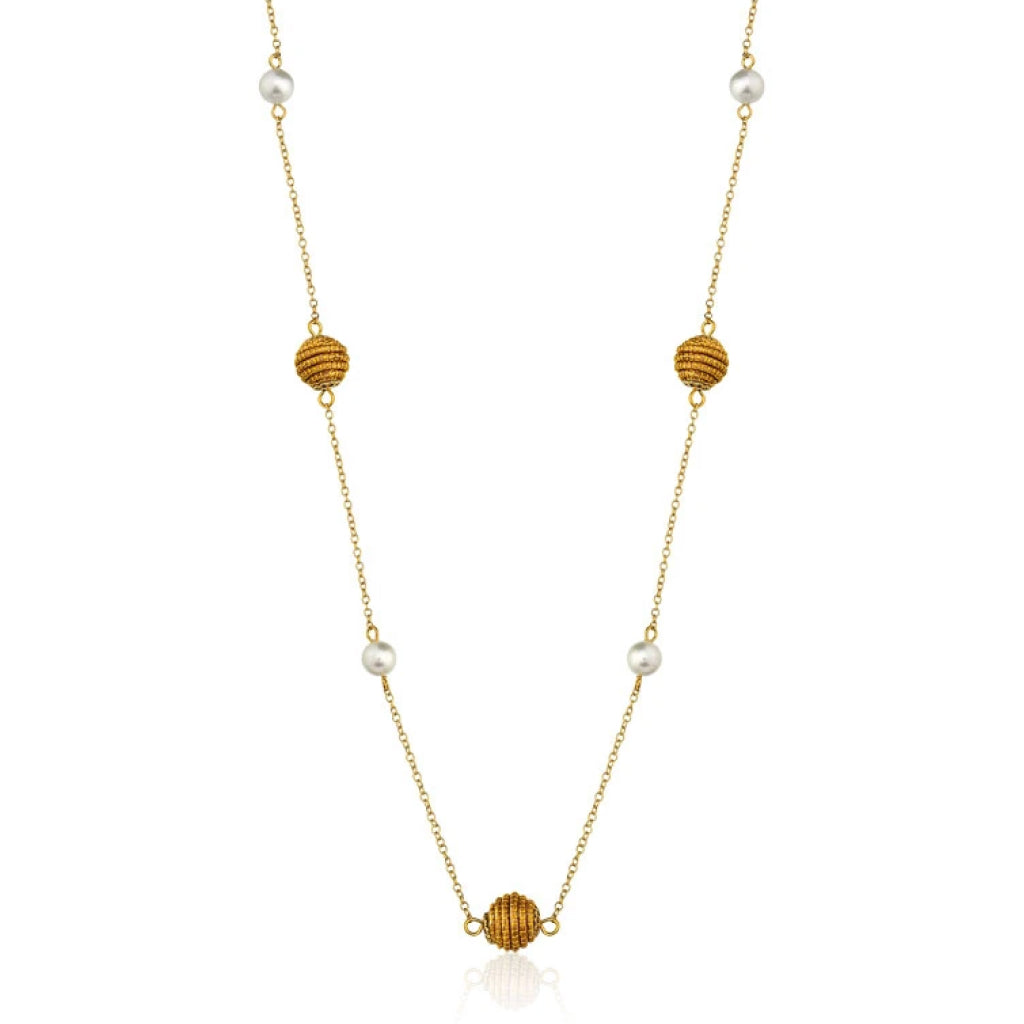 Golden Grass Globe and Shell Pearls Necklace