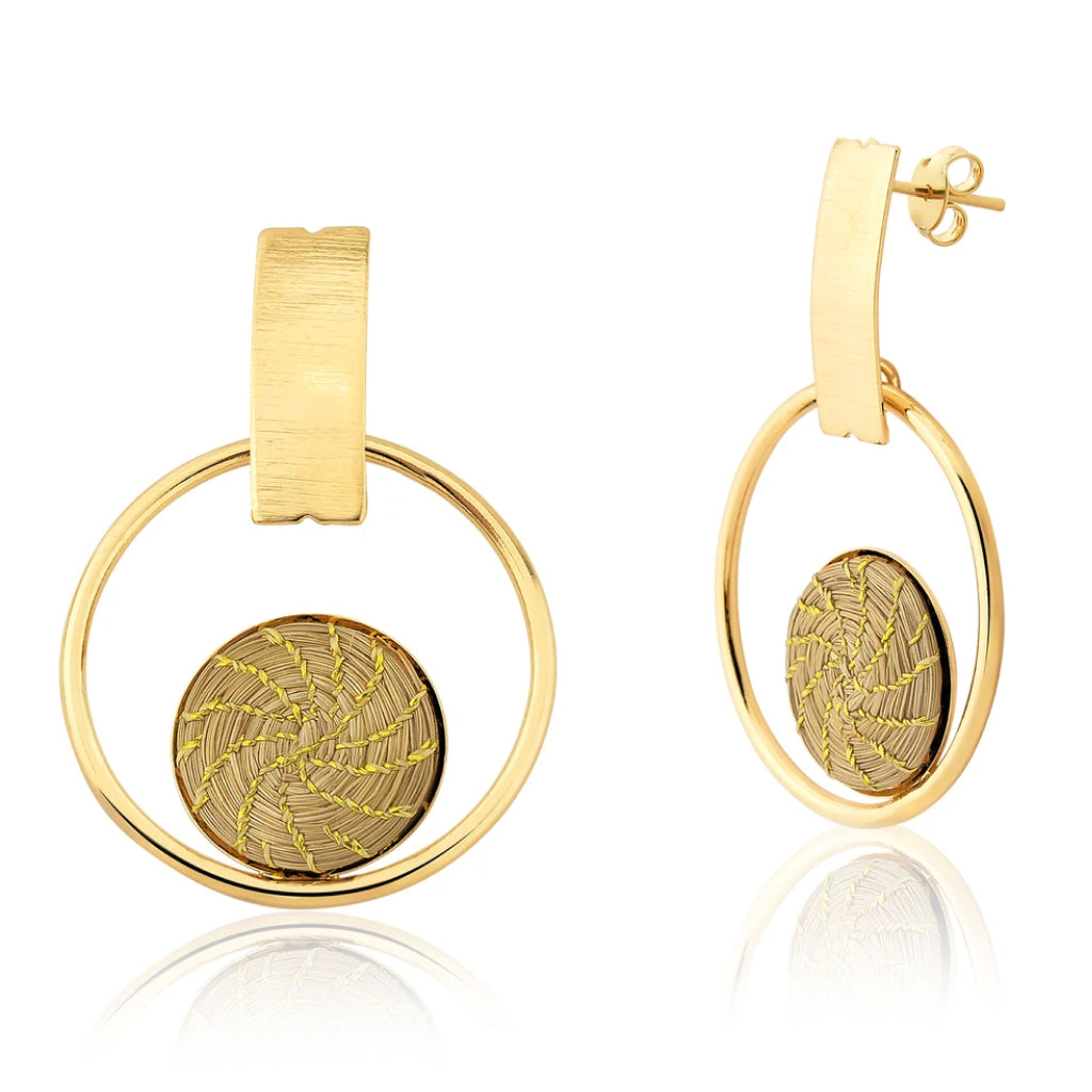 Golden Grass Mandala Circle Earrings