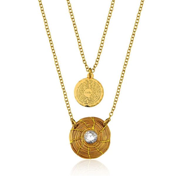 Golden Grass Mandala Necklace with Zirconia and Medal