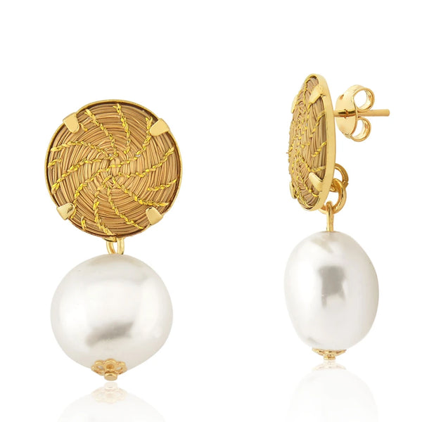 Golden Grass Mandala and Pearl Shell  Earrings