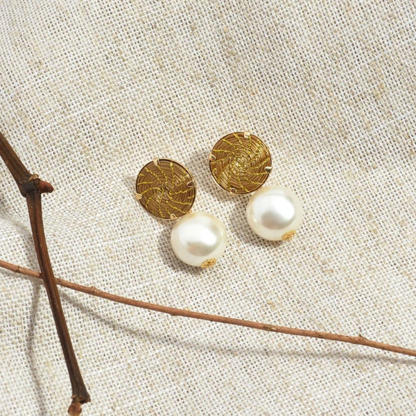 Golden Grass Mandala and Pearl Shell  Earrings