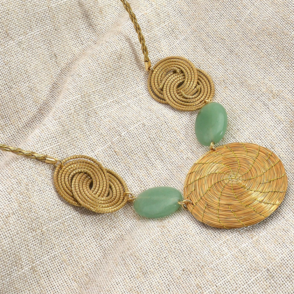 Golden Grass Necklace Mandala Spirals and Venturine Stone
