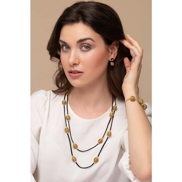Golden Grass and Suede Double Spheres Necklace