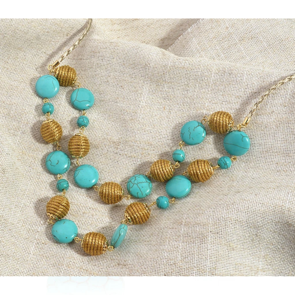 Golden Grass and Turquoise Howlite spheres Necklace