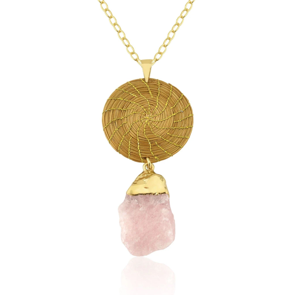 Golden Grass mandala necklace and Rose Quartz stone pendant