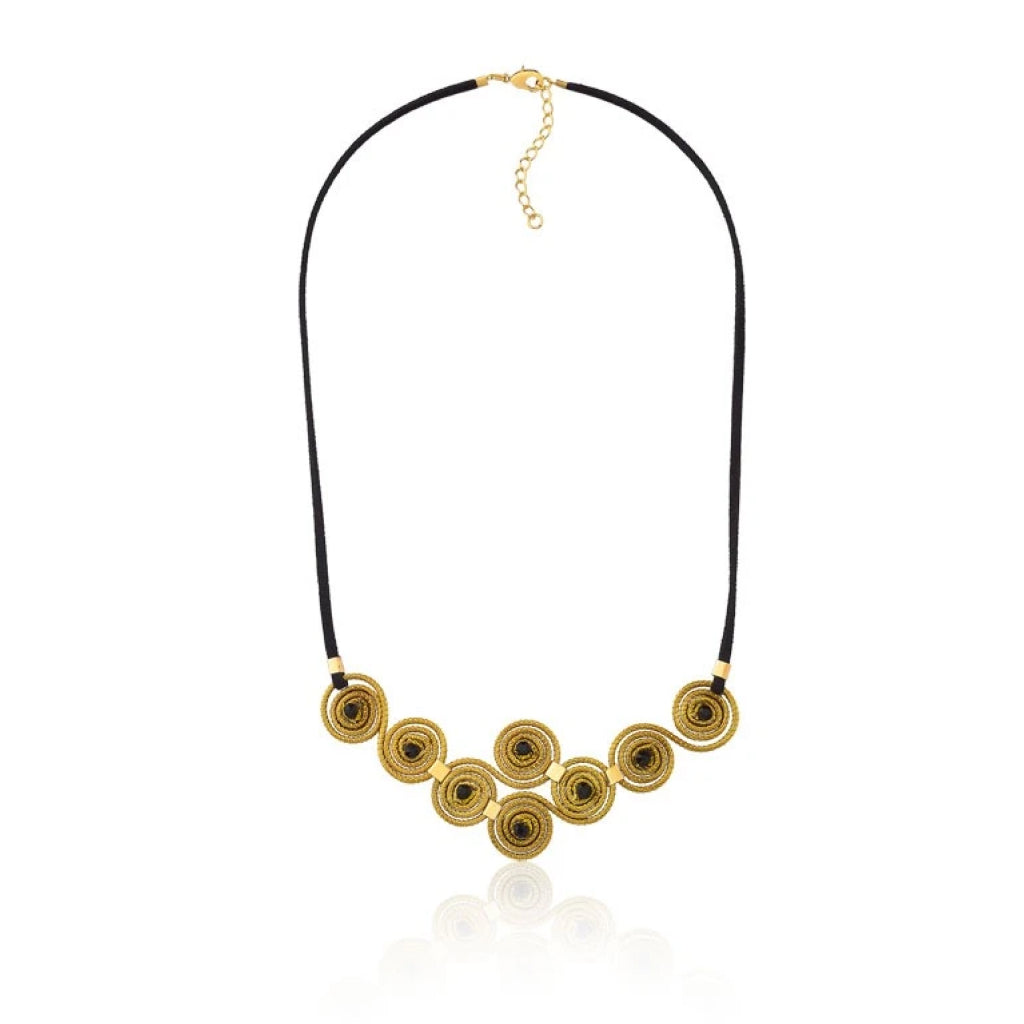 Golden Grass necklace 8 mandalas with black zirconias