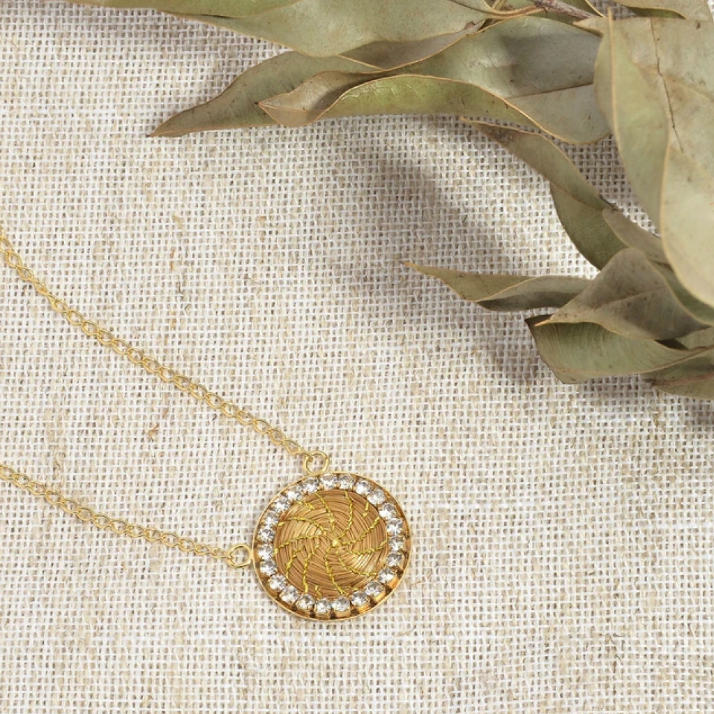 Golden Grass zirconias-studded Mandala Necklace