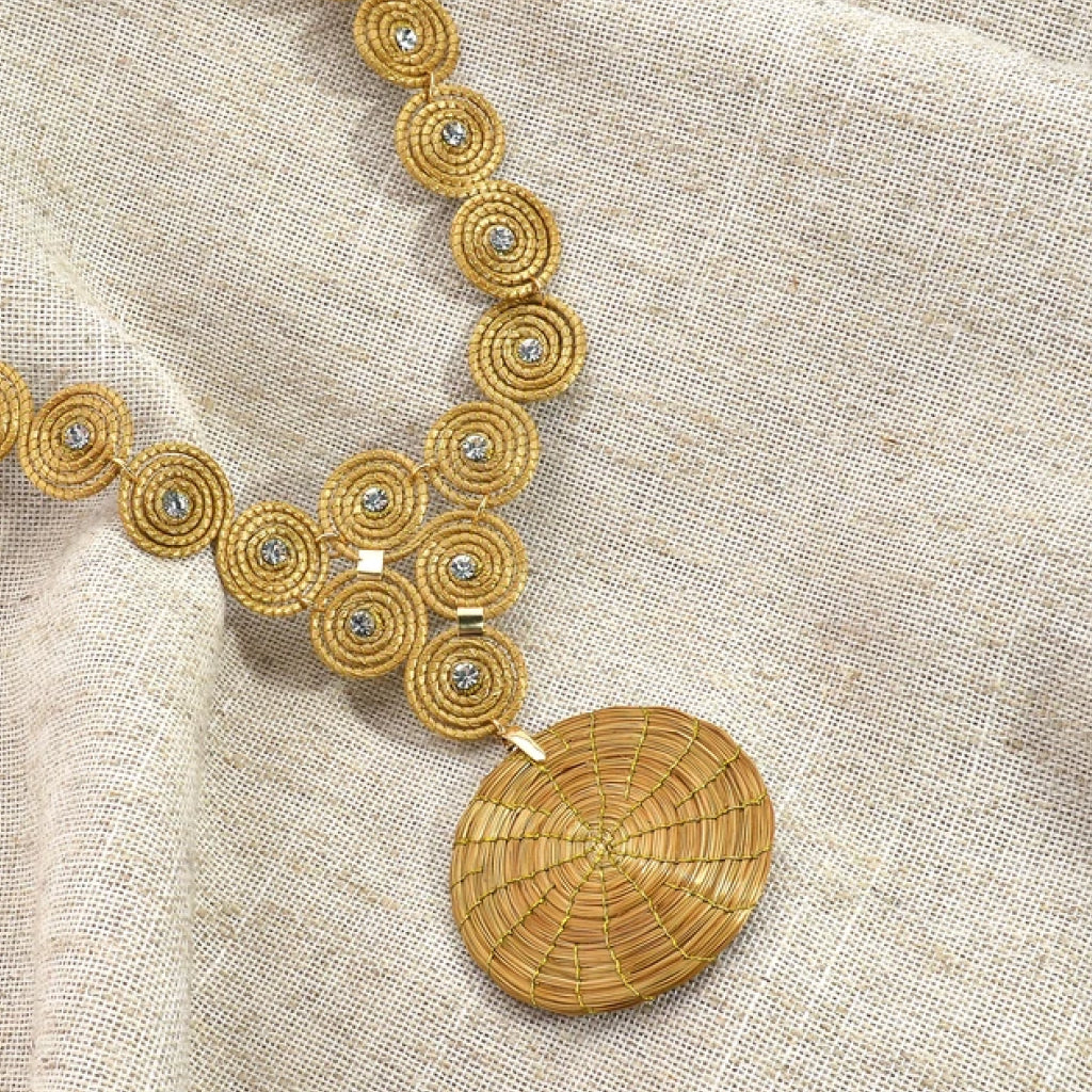 Infinite Mandalas Necklace With Zirconias and Golden Grass Mandala Pendant