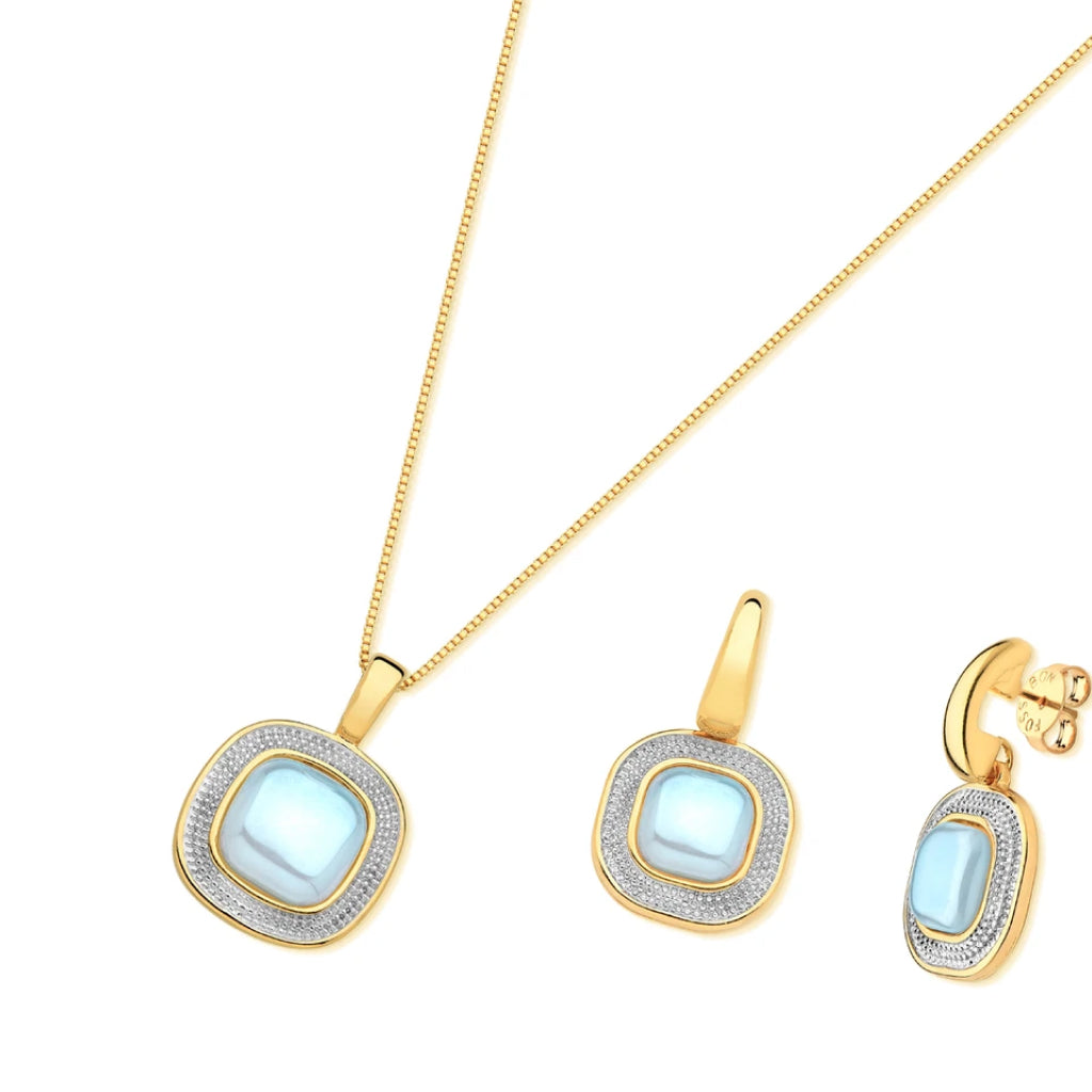 Pearly Sky Blue Agate Square Earrings and Necklace Set