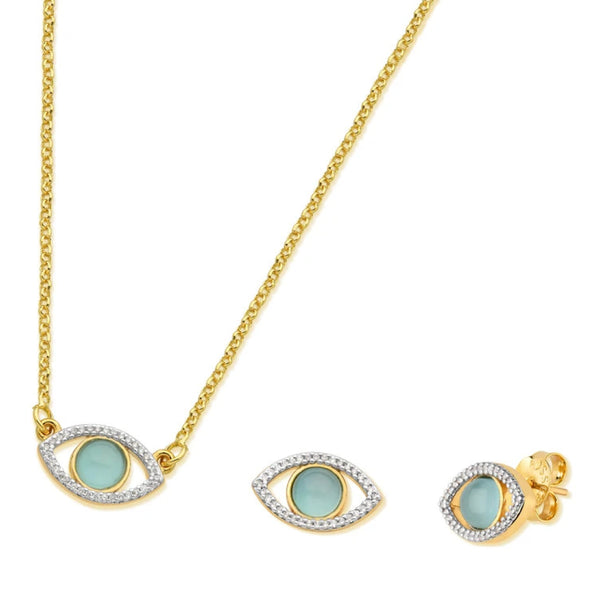 Sky Blue Agate Eyes Necklace and Earrings Set