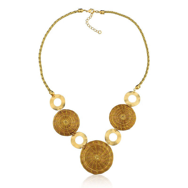Circle Metal Circular Gold Grass Mandala Necklace and Ecological Leather