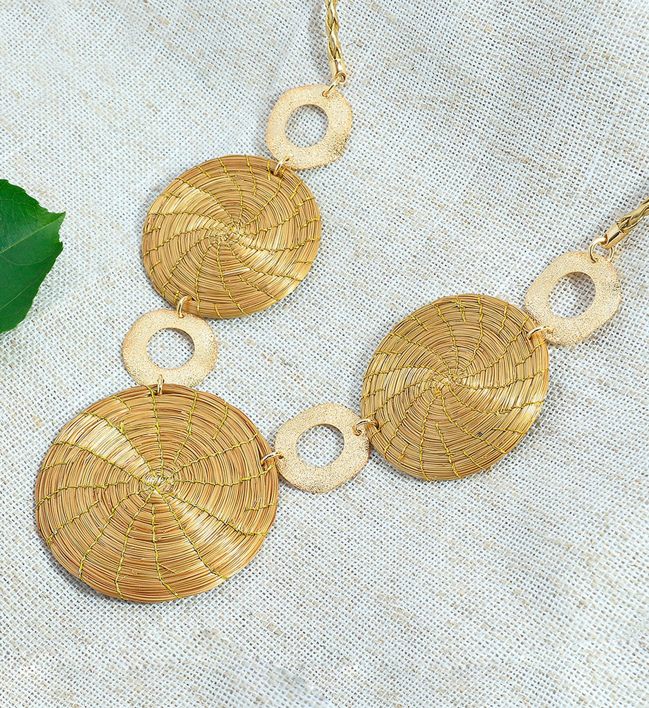 Circle Metal Circular Gold Grass Mandala Necklace and Ecological Leather